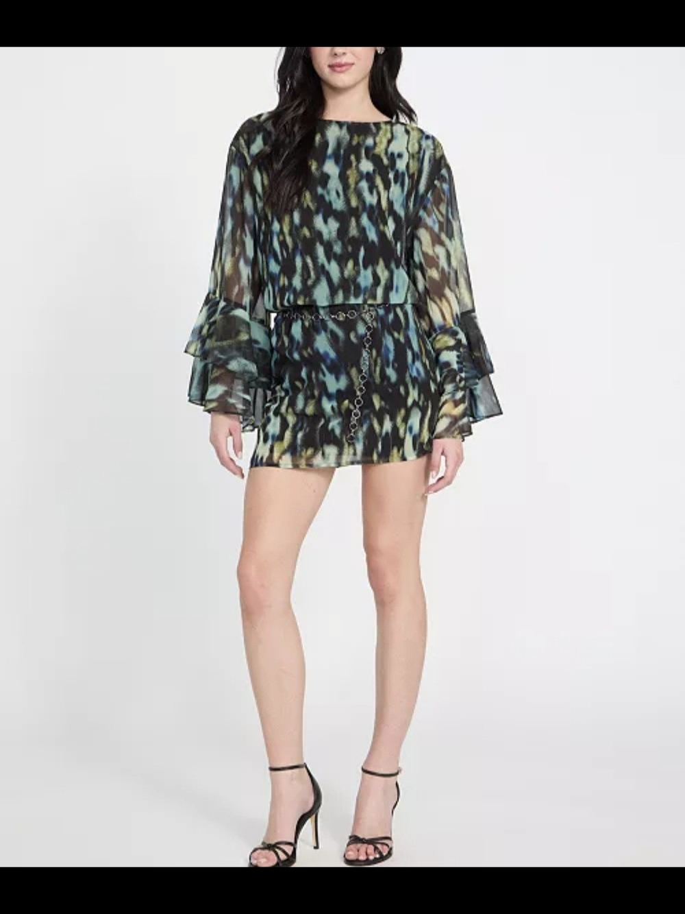 Guess Blue-Green Printed Ruffle Sleeve Mini Dress #1302